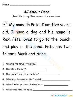 Grade 2 All About Pete: Ready Reading Comprehension
