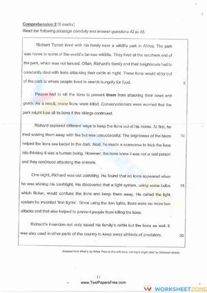 Reading Comprehension Worksheet: The Story of Richard Turere

