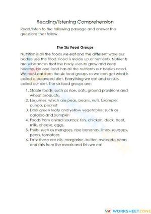 Food Group Reading Comprehension