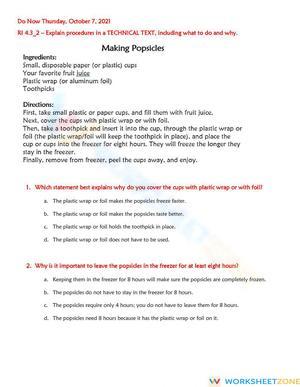 Aligned Grade 4 RI 4.3 Worksheet: Technical Text Procedures