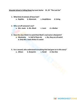 Grade 4 Wayside School Ch 29 — Printable No-Prep Worksheet
