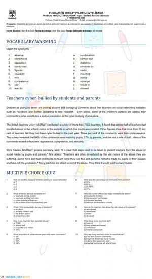 Essential Cyberbullying Reading Worksheet | Grades 10-12