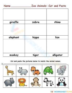 Printable Zoo Animals Cut and Paste Worksheet | Grade K-1