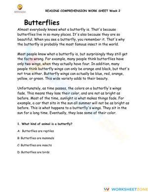 Printable Butterflies Reading Comprehension | Grade 3-4 ELA