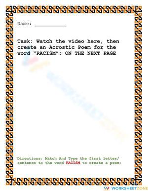 Essential Racism Acrostic Poem Worksheet | Grades 3-7