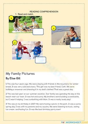 Family Memories Reading Comprehension and Activity Worksheet