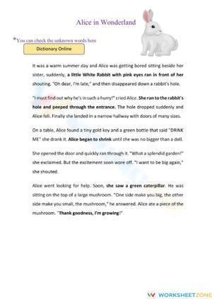 Alice in Wonderland Reading Comprehension Worksheet
