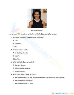 Printable Michelle Obama Biography Worksheet | Grade 4-7 ELA