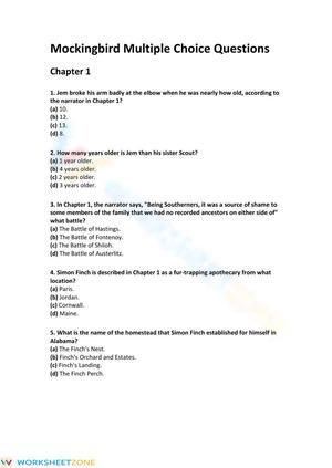 Printable To Kill a Mockingbird Chapters 1-3 Quiz | Grade 8