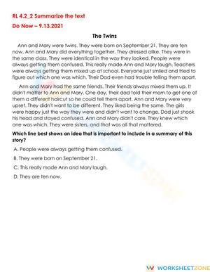 RL.4.2 Worksheet: Summarizing Text — Grade 4 Aligned