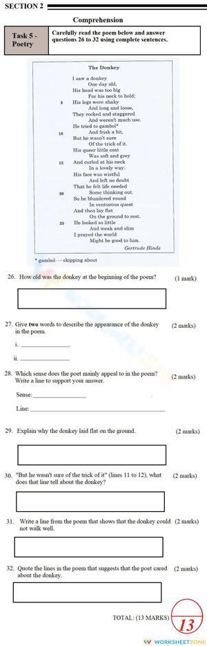Essential Grade 5 Poem Comprehension Worksheet