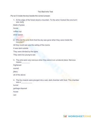 Grade 3-4 Two Bad Ants — Printable No-Prep Worksheet