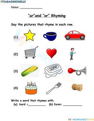 Or and ar rhyming worksheet