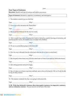 Printable Four Types of Sentences Worksheet (Grades 3-7)