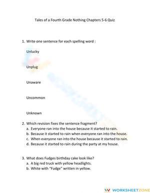 Printable Grade 4 Quiz: Tales of a Fourth Grade Nothing