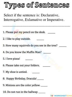 Types of Sentences Worksheet: Declarative, Interrogative, More