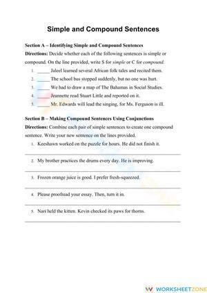 Printable Simple & Compound Sentences Worksheet | Grade 7