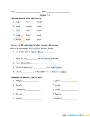 Spelling Test Worksheet with Word Exercises