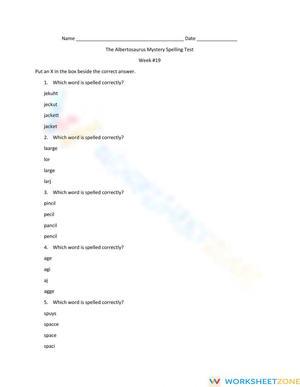 Printable Grade 3 Albertosaurus Mystery Spelling Test
