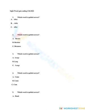 Printable Sight Word Spelling Quiz | Grade 1 ELA