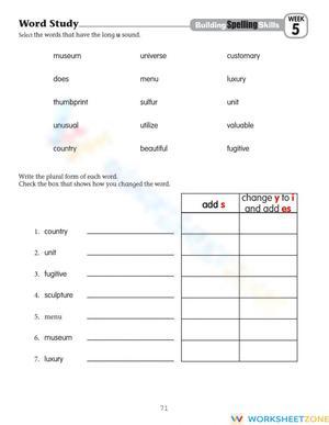 Essential Grade 5 Spelling Worksheet | Long U & Plurals