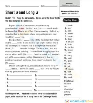 Printable Grade 4 Short & Long 'a' Spelling Worksheet