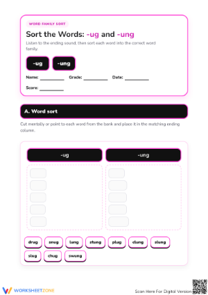 Printable -ug and -ung Word Sort Worksheet | Grade 1-3
