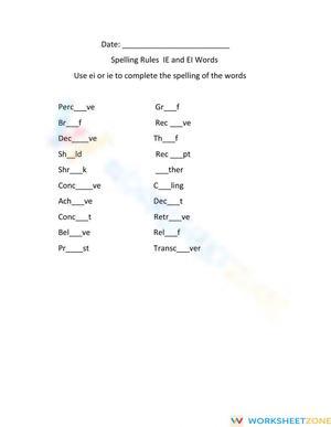 Spelling Rules IE and EI Worksheet | Grade 3 Printable