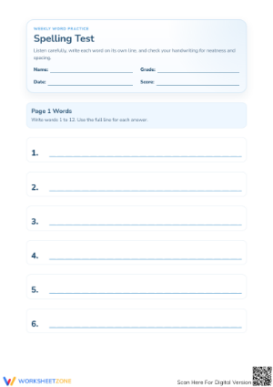 Grade 2 Spelling Test 20 Words — Printable No-Prep Worksheet