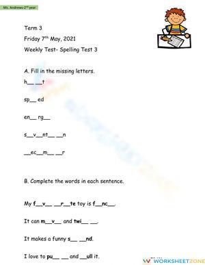 Spelling Test 3 Printable Worksheet | Grade 2 ELA