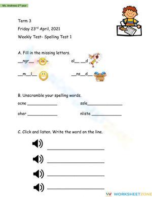 Grade 2 Spelling Weekly Test 1 | Essential Printable
