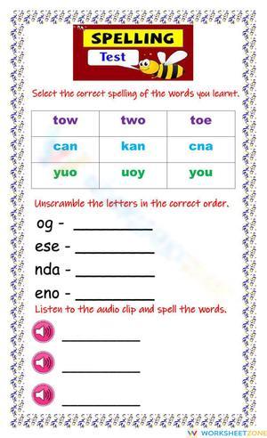 Essential Grade 1 Spelling Test: Sight Words Worksheet
