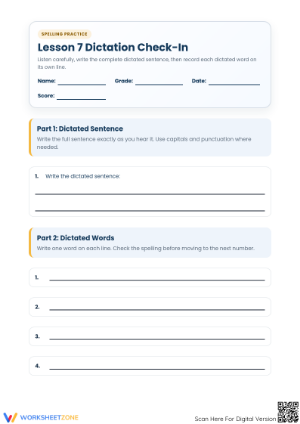 Grade 6 Lesson 7 Spelling Test — Printable No-Prep Worksheet