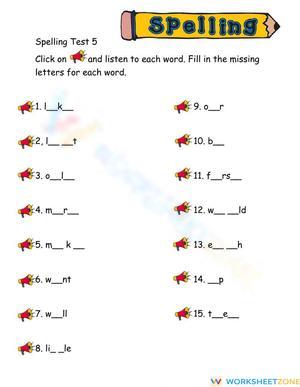 Essential Spelling Test 5 Worksheet | Grade 1-2 ELA