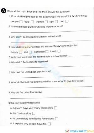 Essential Bear and Fire Myth Reading Worksheet | Grades 3-4