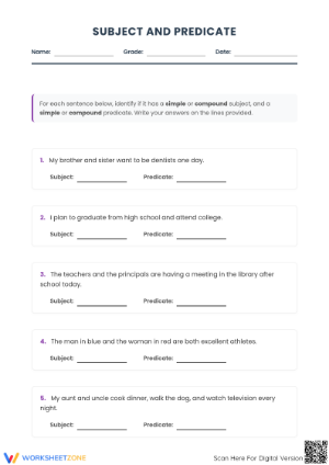 Essential Subject and Predicate Worksheet | Grade 4-5 Ready