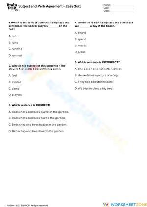 Printable Subject-Verb Agreement Quiz | Grade 2-3 ELA