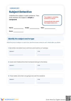 Printable Grade 5 Subject and Predicate Worksheet