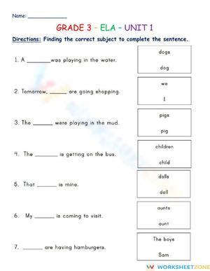 Grade 3 Subject-Verb Agreement — Printable No-Prep Worksheet