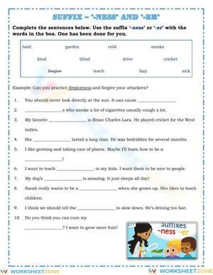 Printable Suffixes -er and -ness Worksheet | Grade 3 ELA
