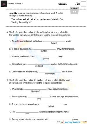 Printable Suffixes Practice Worksheet | Grades 6-8 ELA