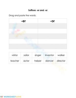 Suffixes -er and -or Worksheet | Grade 1-2 Printable