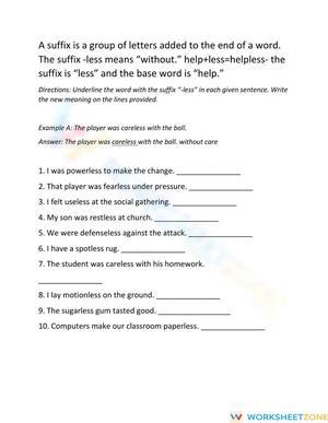 Suffix -less Printable Worksheet | Grade 4 ELA Essential