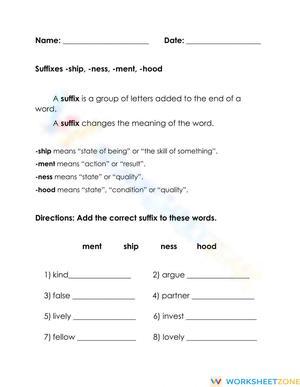 Suffixes -ship, -ment, -ness, -hood