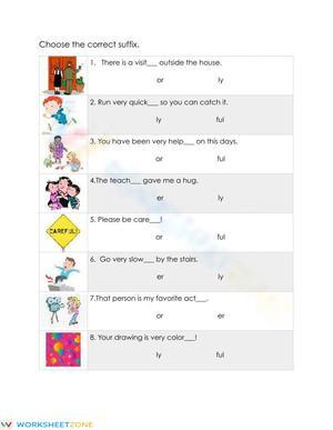 Printable Suffixes Worksheet | Grade 1-2 -er -or -ly -ful
