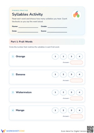 Essential Syllables Worksheet | Grades K-3 Printable