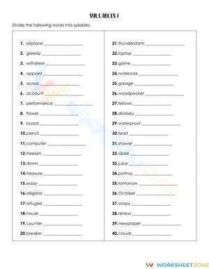 Syllables Worksheet 1