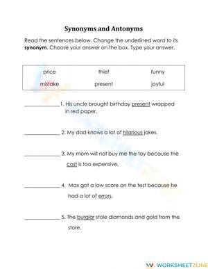 Synonyms and Antonyms Worksheet