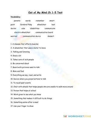 Printable Out of My Mind Ch 1-5 Test | Grade 6-9 ELA