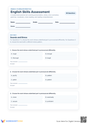 ELA Mastery Worksheet: Grade 9 Aligned CCSS.ELA-LITERACY.L.9-10.1